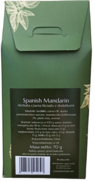 Tył ciemnozielonego opakowania herbaty Spanish Mandarin. Etykieta ze składem: herbata liściasta, mandarynka, róża.
