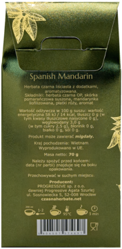 Tył ciemnozielonej paczki herbaty Czas na herbatę Spanish Mandarin 70g z informacjami o składzie.