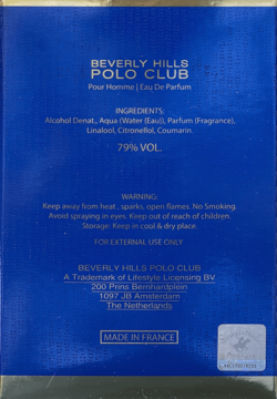 Tył niebieskiego opakowania Beverly Hills Polo Club Pour Homme Eau De Parfum z informacjami o składzie i ostrzeżeniami.