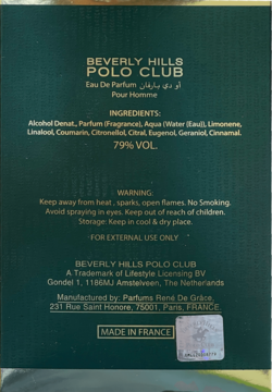 Tył ciemnozielonego opakowania perfum Beverly Hills Polo Club Eau De Parfum, z tekstem i hologramem.