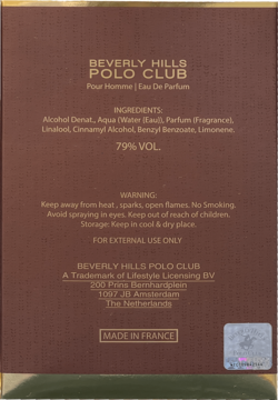 Tył brązowego opakowania perfum Beverly Hills Polo Club Pour Homme, widoczne składniki, ostrzeżenia i kraj produkcji.