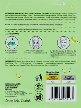 Tył zielonego opakowania Isana Płatki hydrożelowe pod oczy z kwasem hialuronowym, z listą składników i instrukcją.