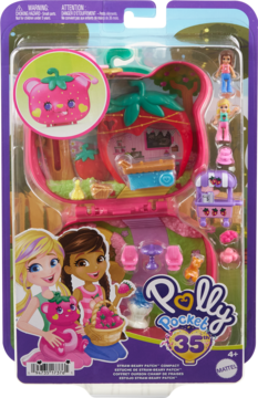 Frontowe ujęcie zestawu Polly Pocket 35th Anniv. truskawkowego, w blistrze, z mikrolalkami i akcesoriami.