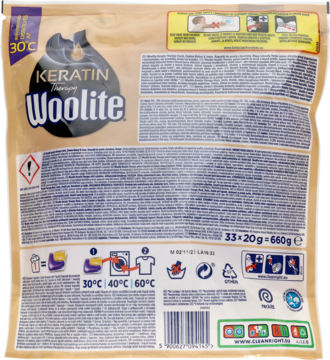 Tył opakowania kapsułek do prania Woolite Keratin Premium Darks, brązowe, z instrukcją prania 30-60°C.