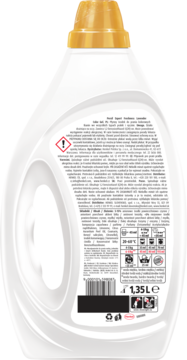 Tył białej butelki żelu Persil Expert Freshness lawenda 1.35L ze złotą nakrętką i etykietą z instrukcjami prania.