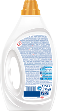 Tył białej, ergonomicznej butelki żelu Persil Expert Freshness by Silan 1,35L do prania białych tkanin, z etykietą i symbolami ostrzegawczymi.