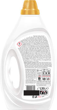 Tył białej butelki żelu Persil Expert Freshness by Silan do białych i jasnych tkanin 1,35L, ze złotą nakrętką i etykietą.