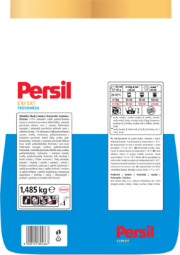 Tył opakowania proszku Persil Expert Freshness 1,485 kg z instrukcjami prania, składem i kodem kreskowym.