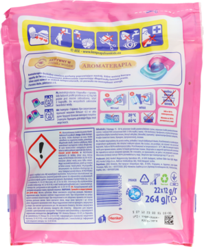 Tył różowego opakowania kapsułek do prania E Aromaterapia Orchidea, z ikonami instrukcji i gramaturą 264g.