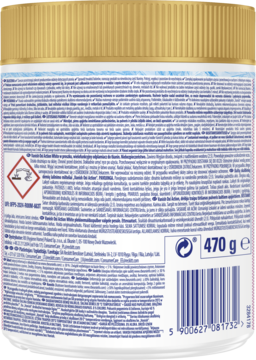 Tył opakowania Vanish Oxi Action odplamiacza w proszku, białe, 470g, z etykietą i symbolami ostrzegawczymi.