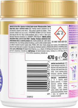 Tył różowego opakowania Vanish Oxi Action odplamiacz w proszku 470g, z instrukcjami, kodem kreskowym i etykietami ostrzegawczymi.