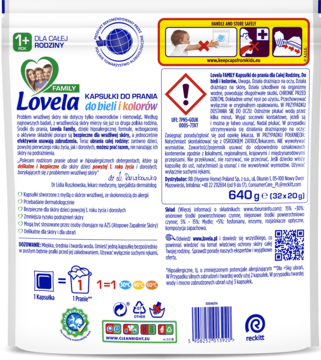 Lovela Family, biała saszetka 32 hipoalergicznych kapsułek do prania białych i kolorowych, widok z przodu.