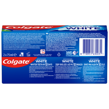 Tył opakowania zestawu 2x75ml pasty Colgate Advanced White z kodem kreskowym i opisem w wielu językach.