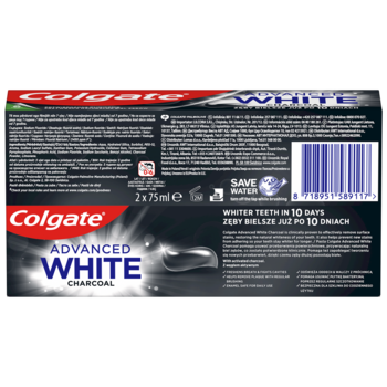 Tył czarnego opakowania pasty Colgate Advanced White Charcoal 2x75ml, widoczny kod kreskowy i teksty.
