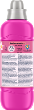 Różowa butelka płynu Coccolino Perfume & Care Tiare Flower & Red Fruits. Tył z etykietą, jaśmin, wanilia, Pro-Fibre.