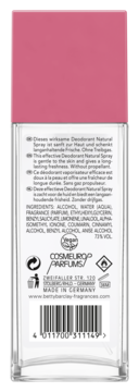 Tył opakowania Betty Barclay Deodorant Natural Spray, przezroczysta butelka z różową nakrętką, widoczne składniki i kod kreskowy.