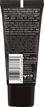 Tył czarnej tubki Lirene BB cream z opisem produktu, składem i kodem kreskowym.