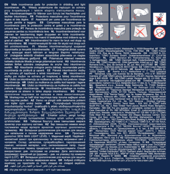 Diagram instruktażowy: 6 kroków prawidłowego zakładania wkładek urologicznych Seni Man Light do bielizny.