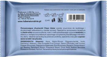 Tył jasnoniebieskiego opakowania chusteczek Luba Clean Water z opisem, symbolami i kodem kreskowym.