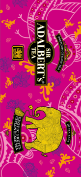 Adalbert's Tea Exotic Fruits Ceylon Black, 20 torebek. Magenta pudełko ze złotym słoniem i orientalnymi wzorami, przód.