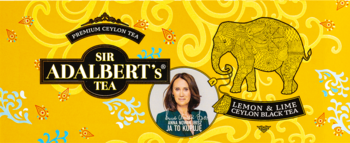 Etykieta Adalbert's Tea Lemon & Lime Ceylon Black Tea z portretem kobiety, logo i złotym słoniem na żółtym tle.