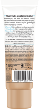 Bielenda BB krem SPF 15, tył beżowej tubki 30g z polskim i angielskim tekstem, instrukcją użycia.