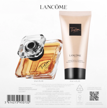Zestaw Lancome Tresor: złota woda perfumowana 30ml i beżowy balsam 50ml, widok z przodu na białym tle.