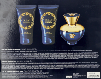 Zestaw Versace Dylan Blue Femme: tył opakowania z ciemnoniebieską wodą perfumowaną, balsamem i żelem ze złotymi detalami.