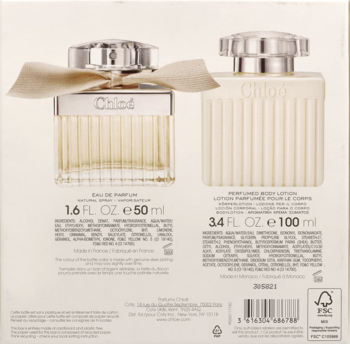 Kremowy tył zestawu Chloe Signature: perfumy 50ml i balsam 100ml, widoczne etykiety ze składnikami.