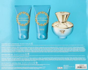 Versace Dylan Turquoise zestaw, jasnoniebieska woda toaletowa, balsam i Źel, widok z tyłu na niebieskim tle.