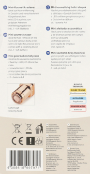 Tył opakowania mini golarki LED zasilanej baterią AA, z kodem kreskowym i zdjęciem urządzenia w różowym złocie.