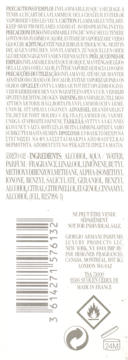 Biała tylna etykieta perfum Acqua di Gio Giorgio Armani, z listą składników, kodem kreskowym i ikonami.