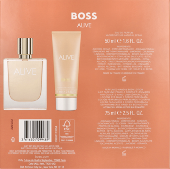 Tył brzoskwiniowego opakowania zestawu HUGO BOSS Alive z perfumami 50 ml i balsamem 75 ml, widoczne etykiety.