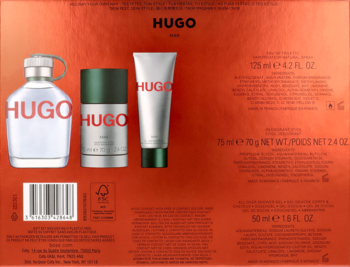 Tył pomarańczowego opakowania zestawu Hugo Boss Hugo Man: biała butelka EDT, ciemnozielony dezodorant, biała tubka żelu, widok prosty.