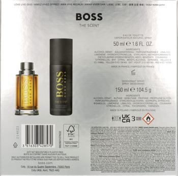 Tył srebrnego, błyszczącego opakowania zestawu Hugo Boss The Scent: woda toaletowa 50ml, dezodorant 150ml.