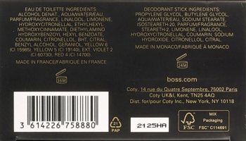 Tył czarnego opakowania zestawu Hugo Boss The Scent z listą składników EDT i dezodorantu, widoczny kod kreskowy.