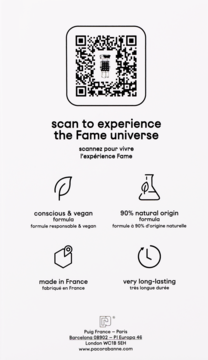 Grafika Paco Rabanne Fame z QR kodem do skanowania, opisująca cechy: wegański, naturalny, długotrwały.