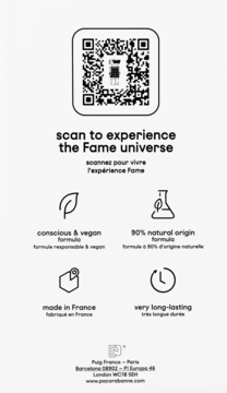 Biała grafika reklamowa perfum Paco Rabanne Fame: QR kod, ikony conscious & vegan, 90% natural, made in France, trwałe.