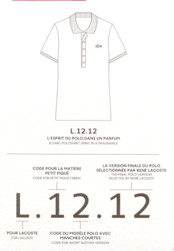 Diagram illustrating the Lacoste L.12.12 polo shirt code, featuring a white polo outline and explanatory text.