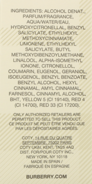 Tył opakowania perfum Burberry Weekend. Etykieta ze składem INGREDIENTS i informacjami producenta Coty.