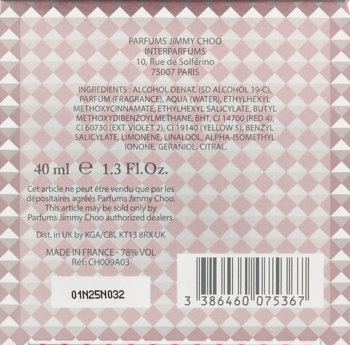 Tył kartonowego opakowania Jimmy Choo Illicit Flower 40 ml, widoczne dane producenta i składniki.