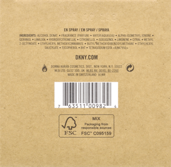 Tył brązowego opakowania perfum DKNY Be Delicious. Widoczne szczegóły: kod kreskowy, lista składników, logo FSC.