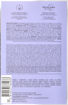 Tył jasnofioletowego opakowania perfum Mugler Angel Elixir, z informacjami i kodem kreskowym.