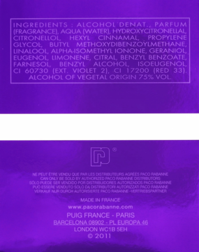 Tył fioletowego opakowania Paco Rabanne Ultraviolet. Widoczne składniki wody toaletowej i dane producenta.
