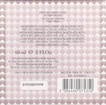 Tył opakowania perfum Jimmy Choo Illicit Flower 60ml, ze składem i krajem produkcji, na różowym, pikowanym tle.
