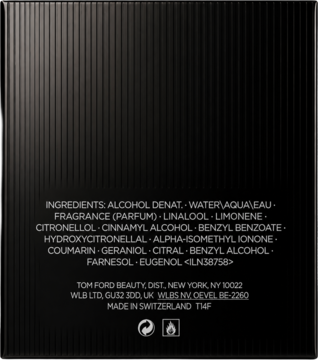 Tył opakowania Tom Ford Noir, czarny, z listą składników zapachu i danymi producenta.