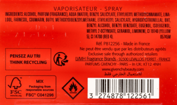 Tył czerwonego opakowania perfum Givenchy Amarige, widoczny kod kreskowy, symbol recyklingu i składniki.