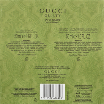 Zielony tył pudełka zestawu Gucci Guilty Pour Femme: woda toaletowa, balsam, szczegóły składników, barcode.