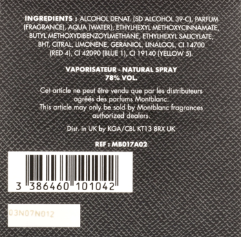 Tył opakowania perfum Montblanc Explorer: szara etykieta ze składnikami, kodem kreskowym i opisem sprayu.