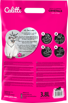 Calitti silikonowy żwirek dla kota, różowe opakowanie 3.8L, tył z wizerunkiem kota i instrukcjami użycia.